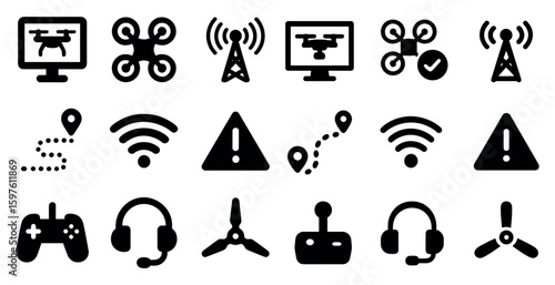 Drone and aerial icons set – silhouette, solid, technology and remote control symbols