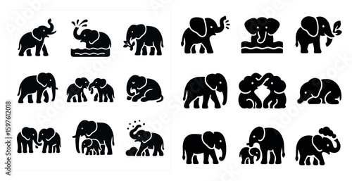 Elephant silhouette icons set – solid, filled animal and wildlife symbols