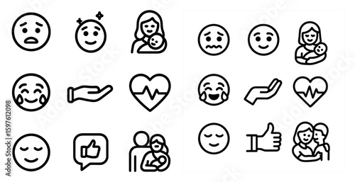 Emotional and family line icons set – outline, linear, feelings and relationships