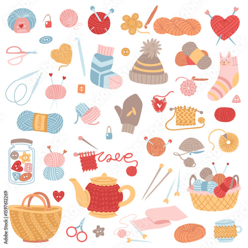 Set of crochet and knitting needles. Balls of yarn, storage items, and knitted items. Flat color illustration. For creating packaging designs, business cards, and stickers for handmade products