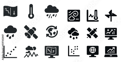 Weather forecast solid icons set – climate, meteorology, atmospheric symbols