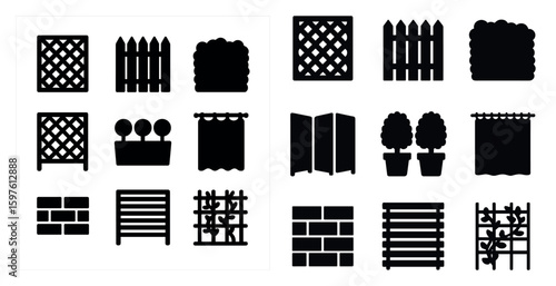 Garden and fence solid icons set – silhouette, landscape, outdoor decor symbols