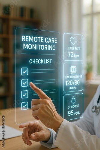Doctor interacting with digital interface for remote patient monitoring checklist with vital signs such as heart rate blood pressure and glucose levels
