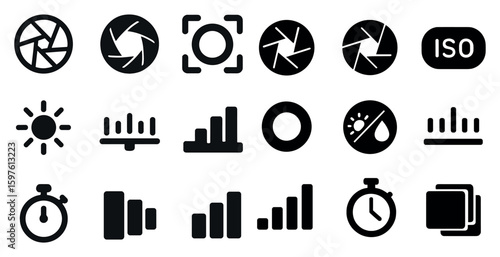 Photography silhouette icons set – camera, solid, shutter speed symbols