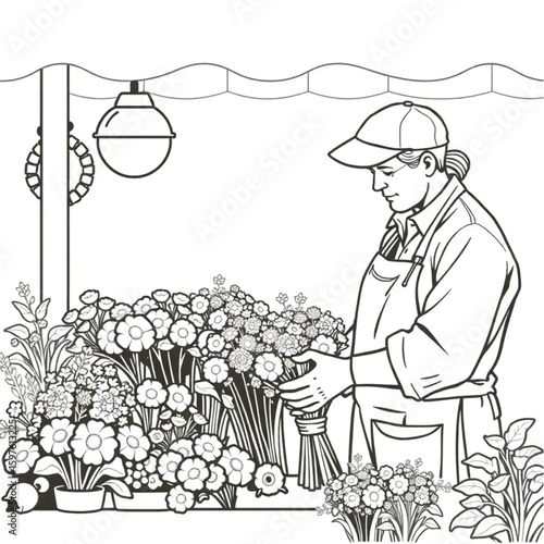 A florist wiping dew from bouquets in an early open-air stall