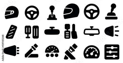 Automotive and racing solid icons set – filled car parts and vehicle design elements