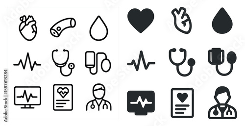 Healthcare and medicine outline icons set – line, flat, medical and health symbols