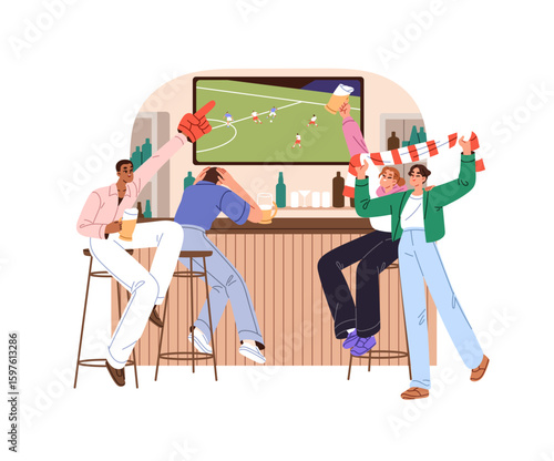 Happy friends are watching football at the bar counter. Fans support soccer team, celebrate winning. People rejoice at goals sports match on TV in pub. Flat isolated vector illustration on white