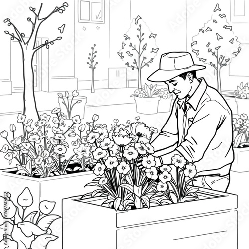 A city gardener tending a patch of snapdragons in community planters