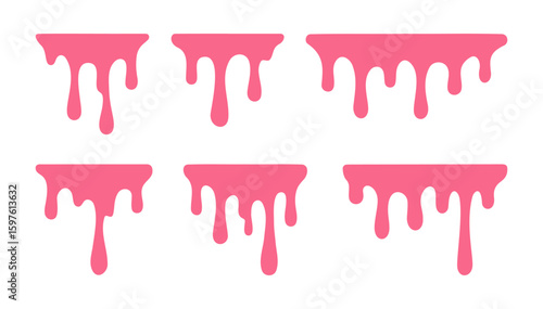 Set of hand drawn long drip of pink glaze, topping, ice cream, gelato, strawberry syrup. Contour, silhouette of dripping drop from cake, dessert, isolated on white background. Flat Vector EPS10