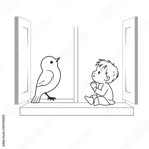 A songbird perched on a windowsill serenading a wakeful child