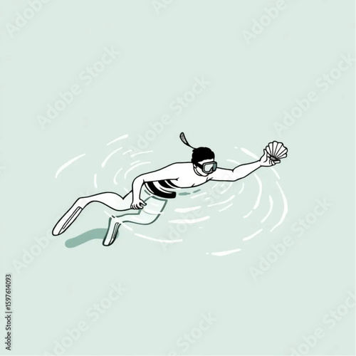 A diver surfacing in an emerald tidal pool with seashells in hand
