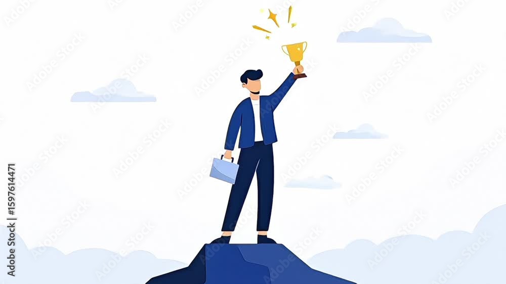 illustration of businessman holding trophy on mountain peak celebrating success achievement, 2d business animation