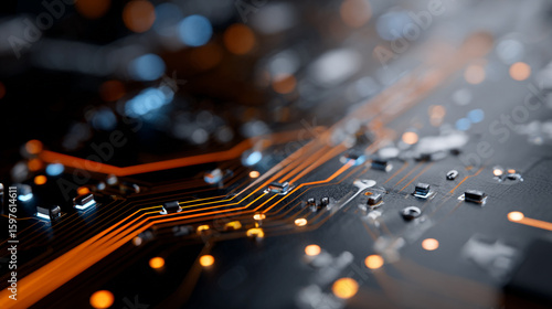 Wallpaper Mural Close Up Detail Circuit Board with Microchips and Orange Lights Torontodigital.ca