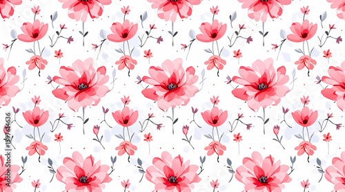 Red flowers watercolor seamless pattern isolated on white background