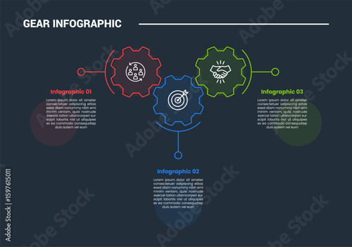 Gear shape infographic process diagram with horizontal up and down gear with spreading text direction with dark background bright outline style and 3 stages