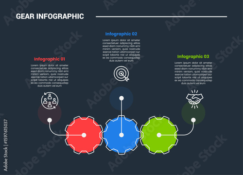 Gear shape infographic process diagram with horizontal on circle base with pointer on top direction with dark background bright outline style and 3 stages