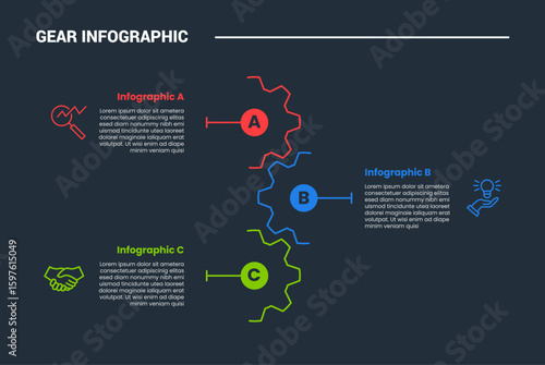 Gear shape infographic process diagram with half gear opposite direction on vertical position with dark background bright outline style and 3 stages