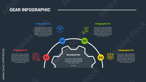 Gear shape infographic process diagram with half gear with half circle and dot pointer with dark background bright outline style and 4 stages