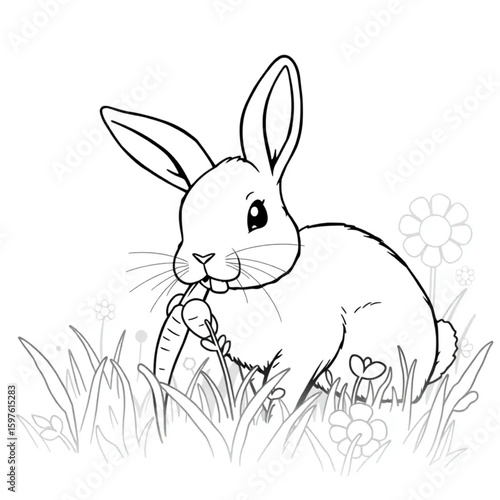 A pet rabbit nibbling carrot tops in spring sunlight