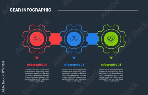Gear shape infographic process diagram with big gear with rectangle connector with small arrow pointer with dark background bright outline style and 3 stages