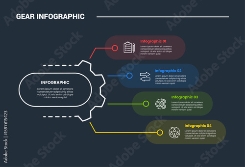 Gear shape infographic process diagram with round rectangle container transparent with dark background bright outline style and 3 stages