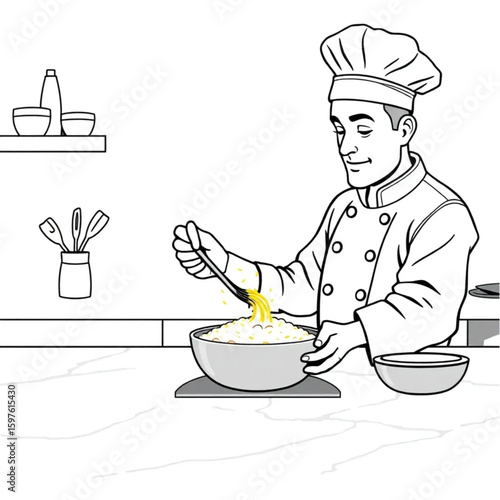 A home chef stirring saffron into risotto at a marble countertop