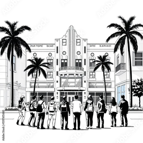 A tour group admiring art deco facades on a sunny avenue