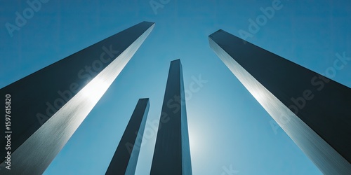 Abstract metal pillars against a clear blue sky