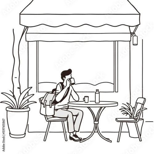A traveler sipping espresso in a sun-striped sidewalk café