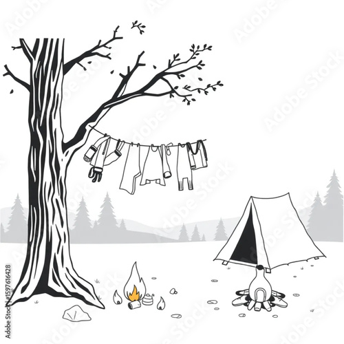 A hiker hanging gear to dry on a tree beside a campsite