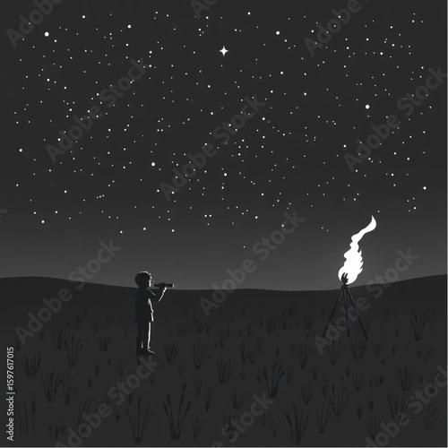 A stargazer mapping constellations by torchlight in an open field