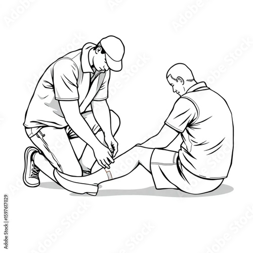 A first responder taping a sprained ankle at a track meet