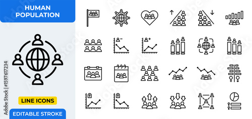 Human Population Line Icons Set Demographic Society Globe Community Social Global Statistic Chart Report Analysis Editable Stroke