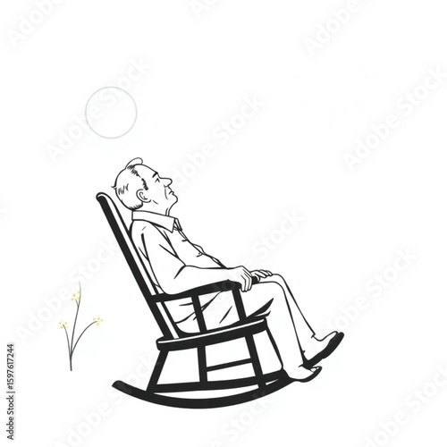 A retiree daydreaming in a rocking chair surrounded by sunlight
