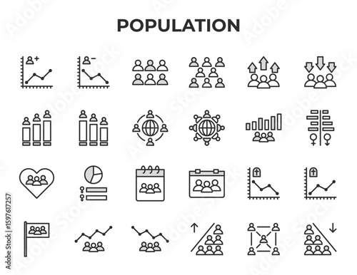 Population Line Icons Set Demographic Society Community Social Global Statistic Chart Report Analysis Infographic Editable Stroke Collection