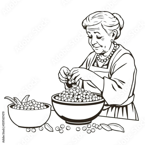 A great-grandmother shelling peas into a battered bowl