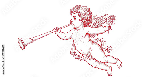 Isolated Cupid Blowing Trumpet with Rose