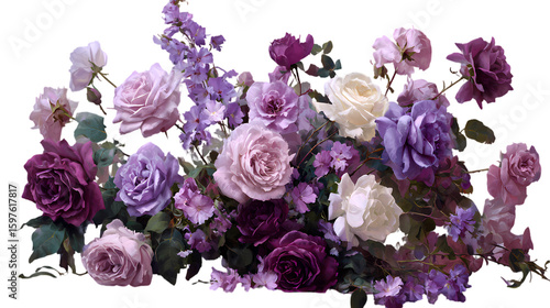 Beautiful arrangement of assorted purple and pink roses isolated on transparent background