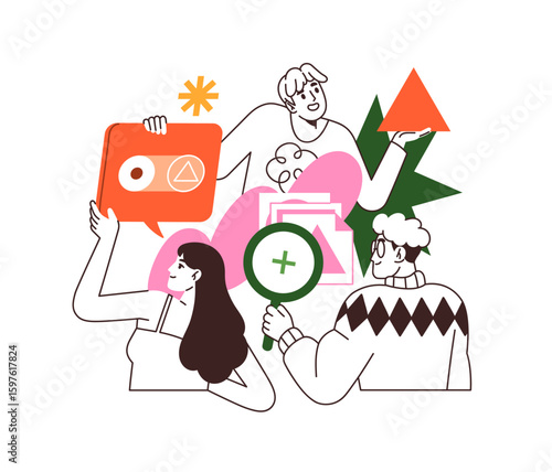 Team creates design elements for user interface. Designers update GUI, redesign UIUX of web site. Concept of mobile app development. Flat isolated outline vector illustration on white background