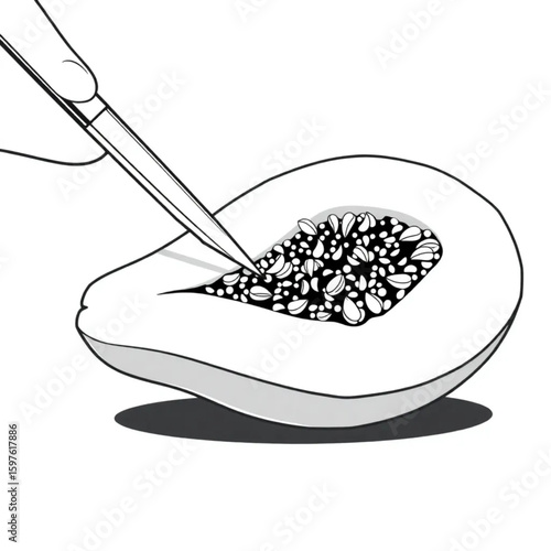 A food stylist tweezing seeds onto a sliced papaya