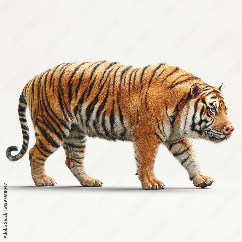 Fototapeta premium A majestic tiger walks gracefully, its orange and black stripes contrasting beautifully against a plain background. The animal is captured in a side profile.