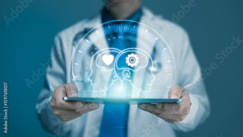 Doctor Holding Tablet with Digital Mental and Emotional Health Icons