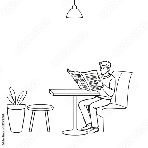 A café regular reading a newspaper at a corner booth