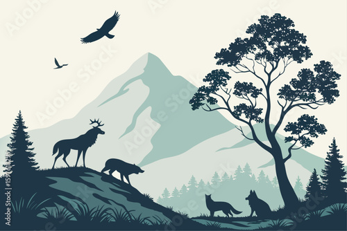 Majestic Wildlife Silhouette in Mountain Landscape.