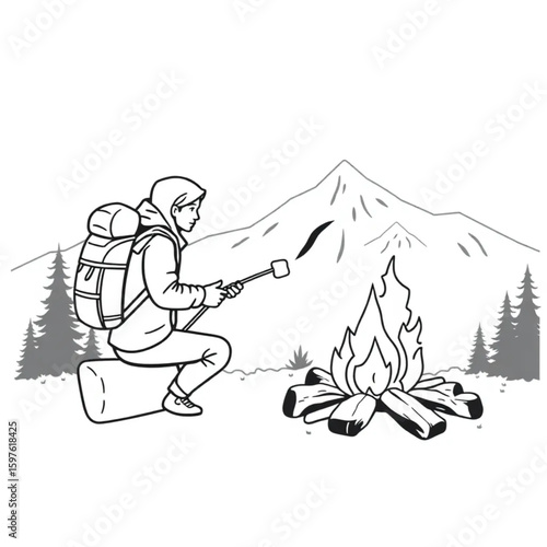 A backpacker roasting marshmallows over a mountain campfire