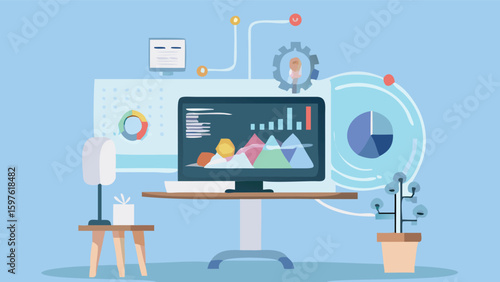 Illustration of a computer displaying data charts on a desk with office accessories nearby and light blue background