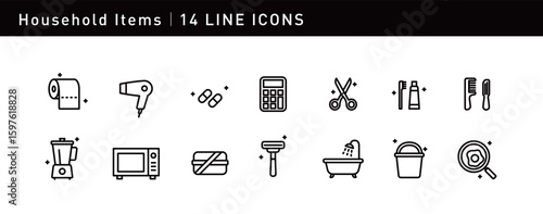 14 elegant icons showcase daily essentials, including hairdryer, microwave, razor, and toothbrush, capturing the convenience and practicality of everyday life.