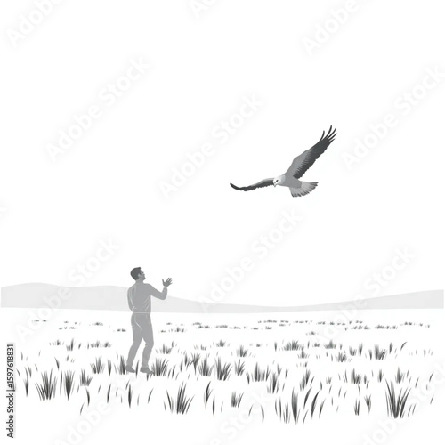 A falconer releasing a bird into a wide field at sunrise