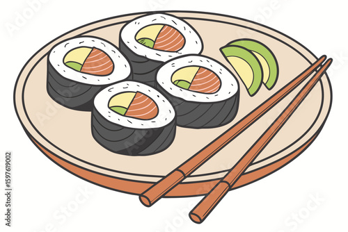 Delicious Salmon Avocado Sushi Rolls on Plate.